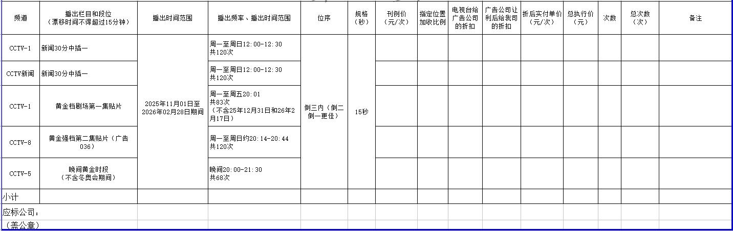 央视1台、5台、8台、13新闻台电视广告综合项目投放招标书